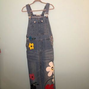 Mislook women’s floral painted light wash overalls